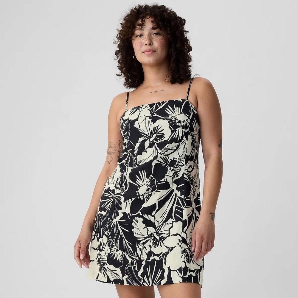 NWT Gap Linen Blend Black and White Floral Mini Dress Size XXL